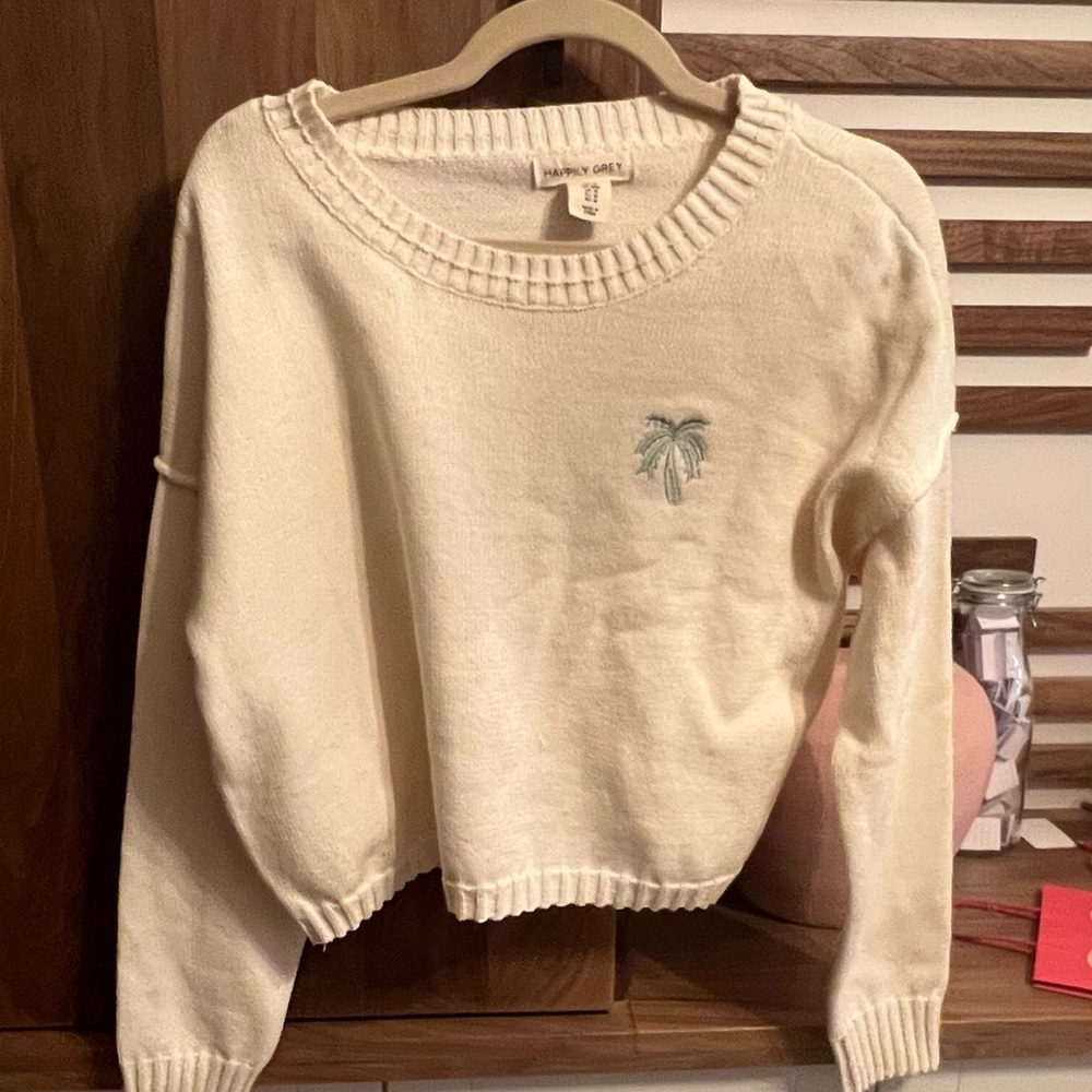 Cozy Cream Sweater with Palm Tree Detail
